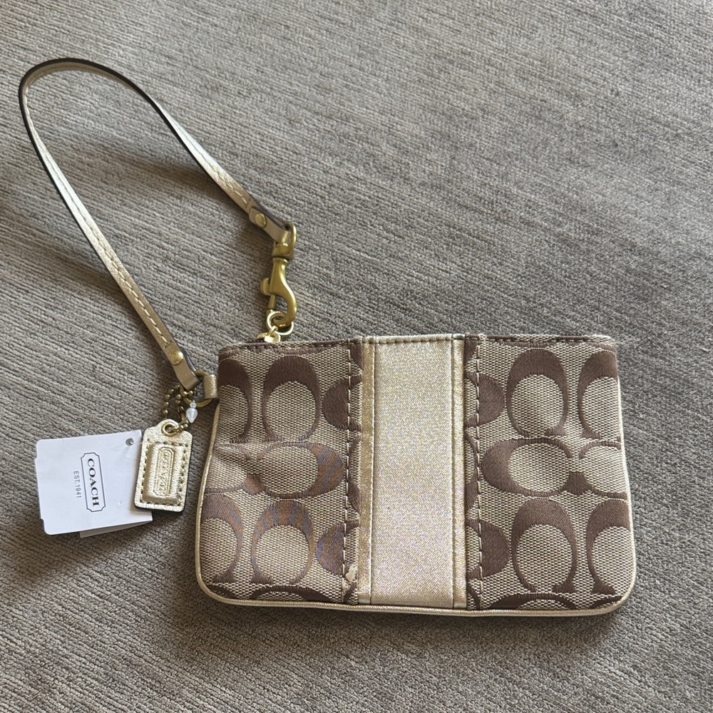 Coach Signature Brown and Gold Wristlet